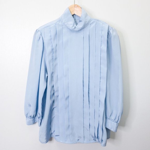Laura Scott Tops - Laura Scott Vintage Soft Satin Baby Blue Pleated Highneck Blouse